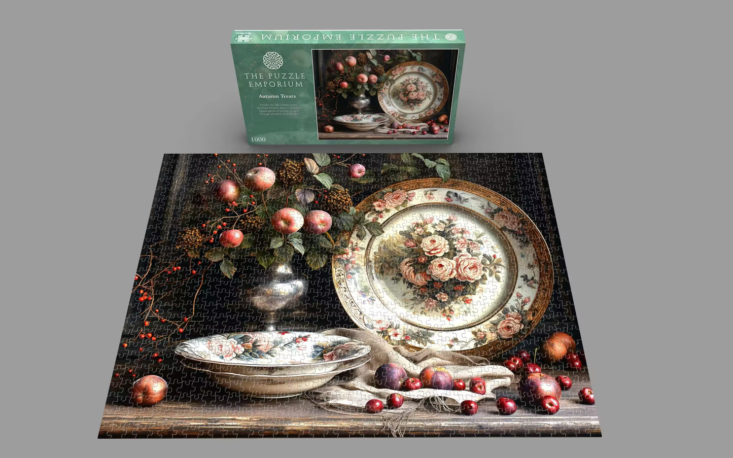 Jigsaw puzzle with a completed scene of a still life painting, including a vase, fruit, and decorative plate, with the packaging in the background.