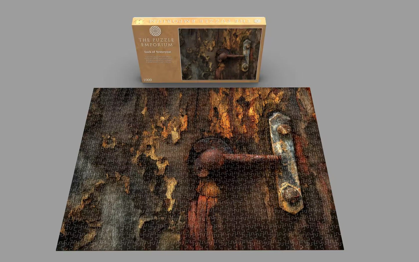 Rust-themed puzzle with a box labeled 'The Puzzle Factory' on a gray background