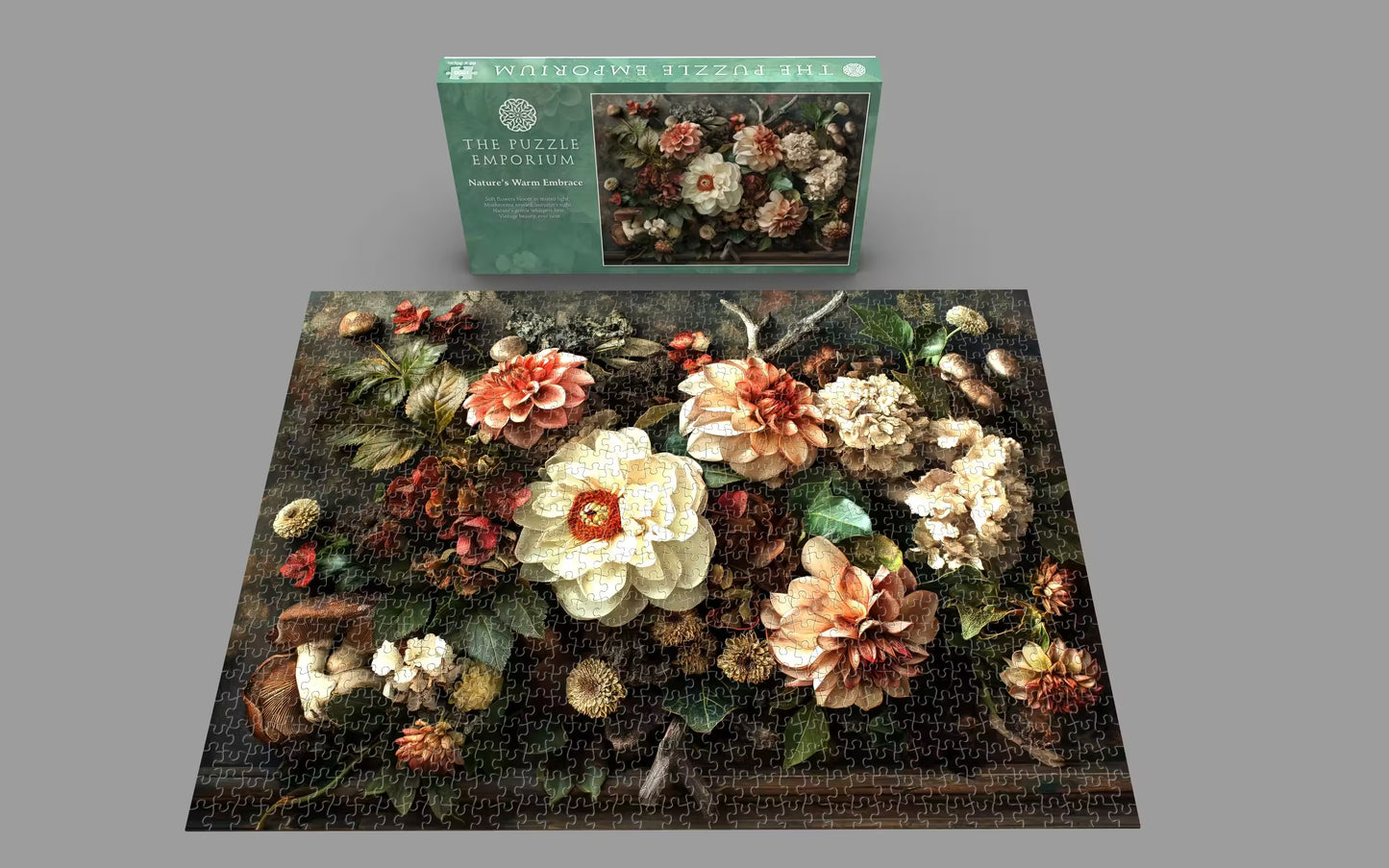 Floral puzzle with a completed section and packaging on a gray background