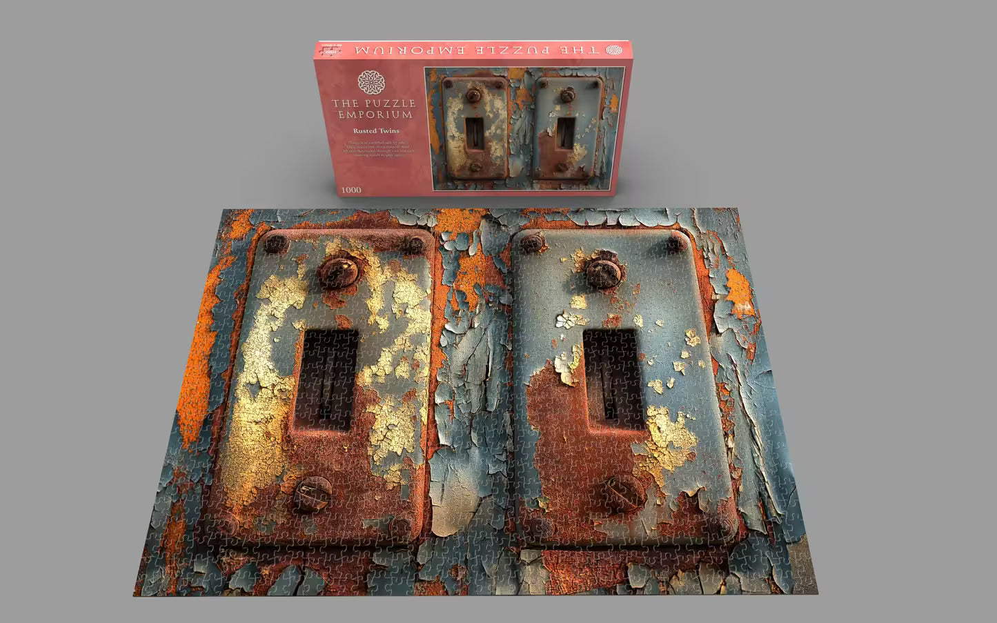 Rust-themed puzzle box with a matching puzzle on a gray background