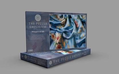 Jigsaw puzzle box from The Puzzle Emporium on a gray background