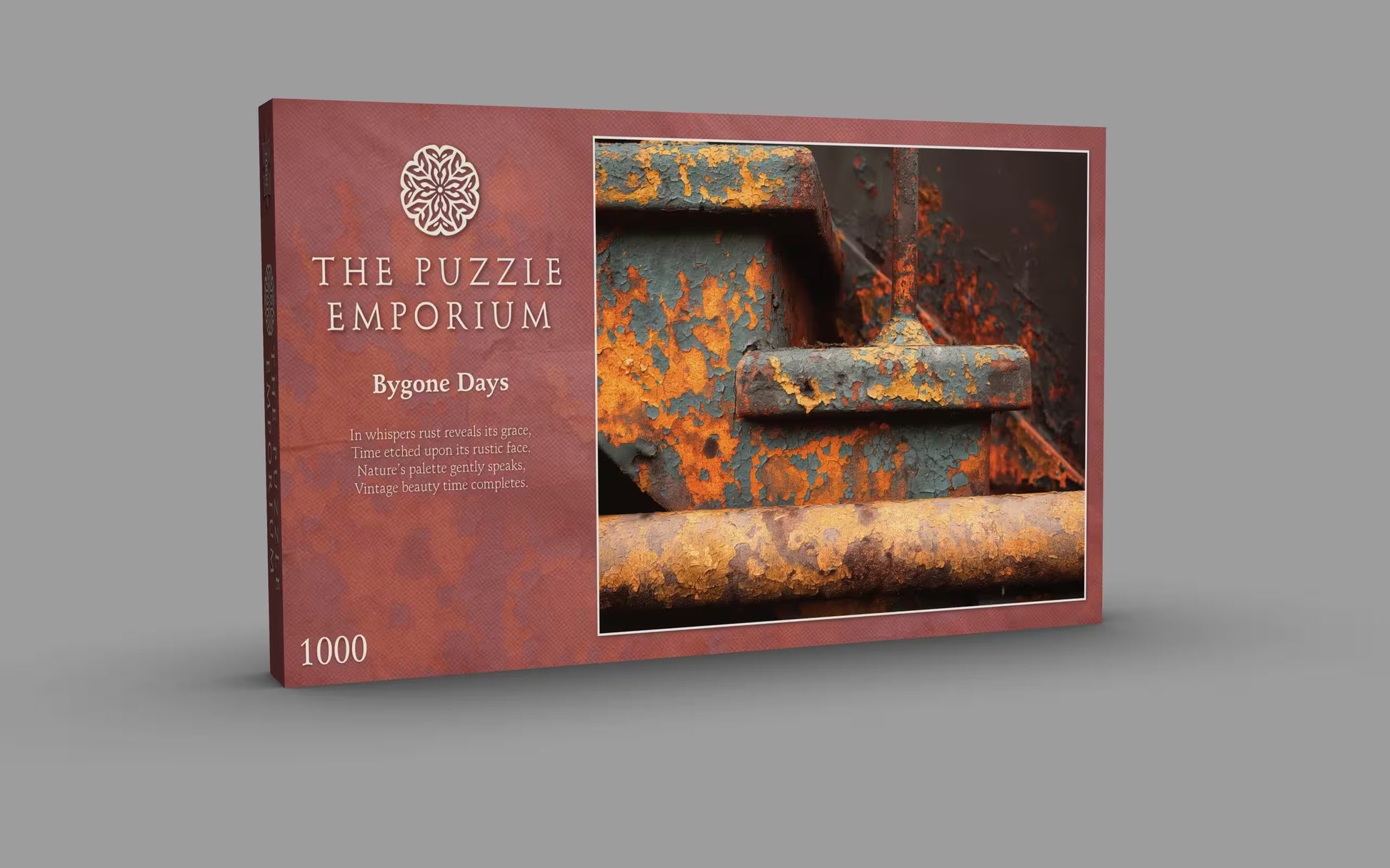 Product packaging for 'The Puzzle Emporium' with a rusty metal design on a gray background