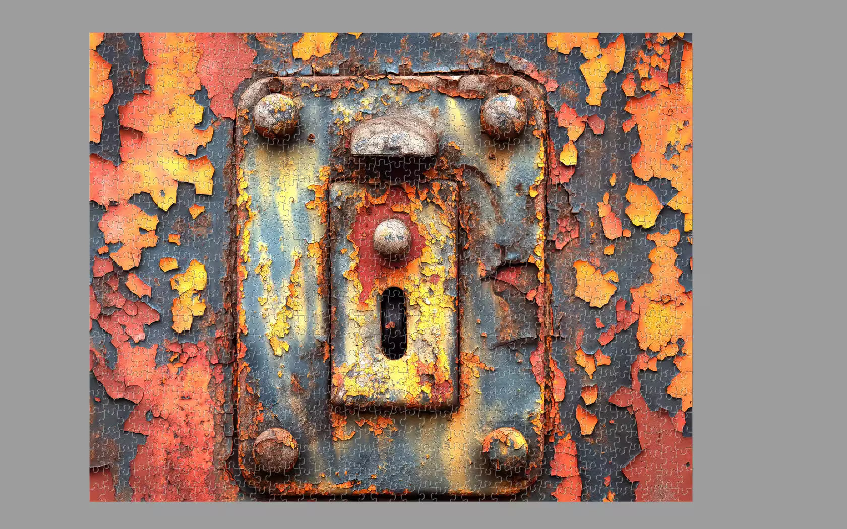 Rust-covered metal lock with peeling paint on a gray background