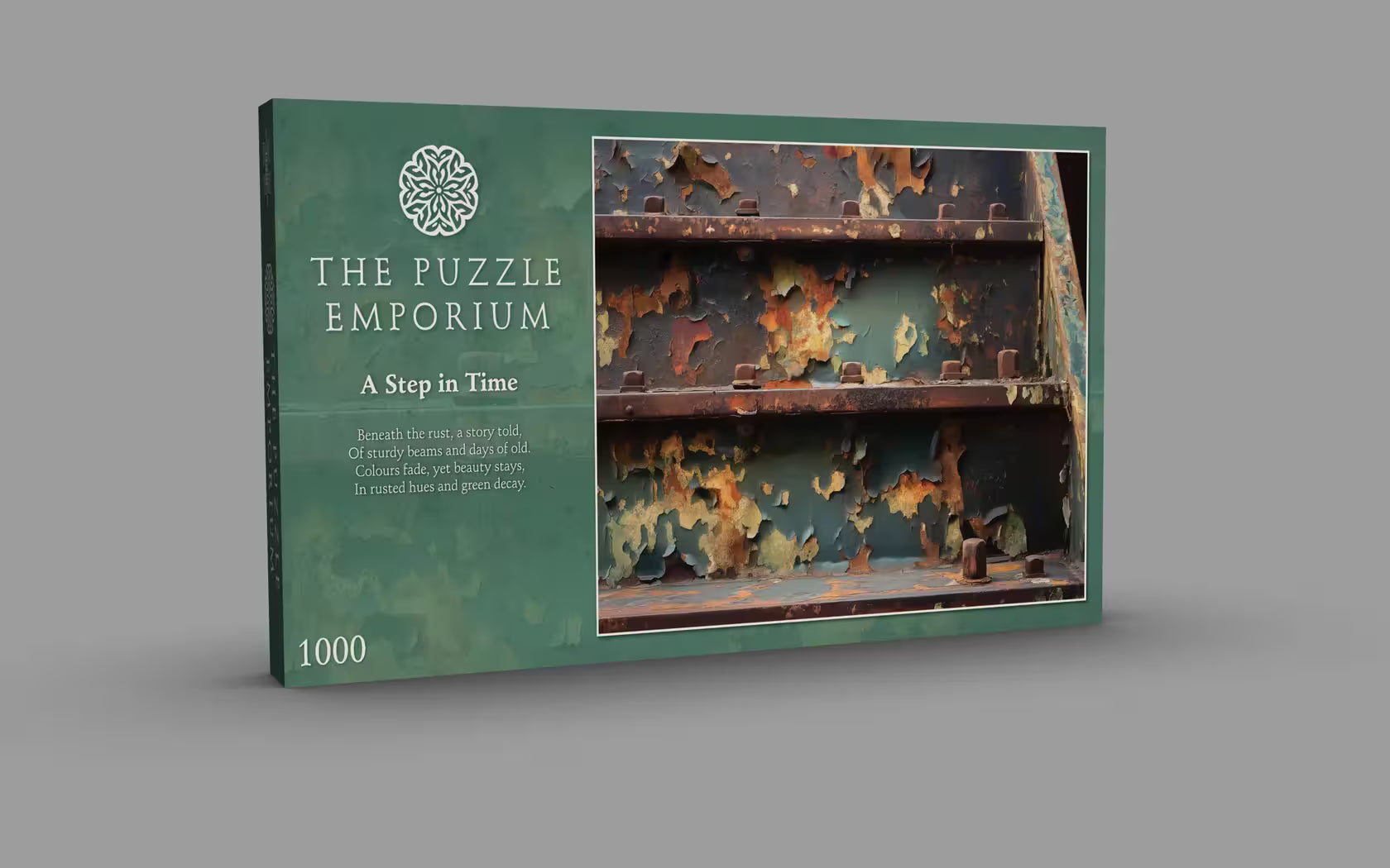 Puzzle box from The Puzzle Emporium with a rustic design on a gray background