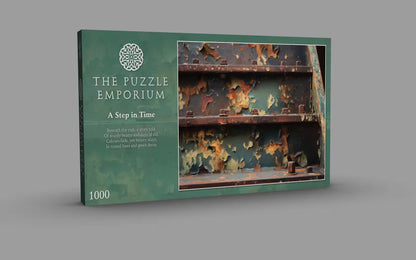 Puzzle box from The Puzzle Emporium with a rustic design on a gray background