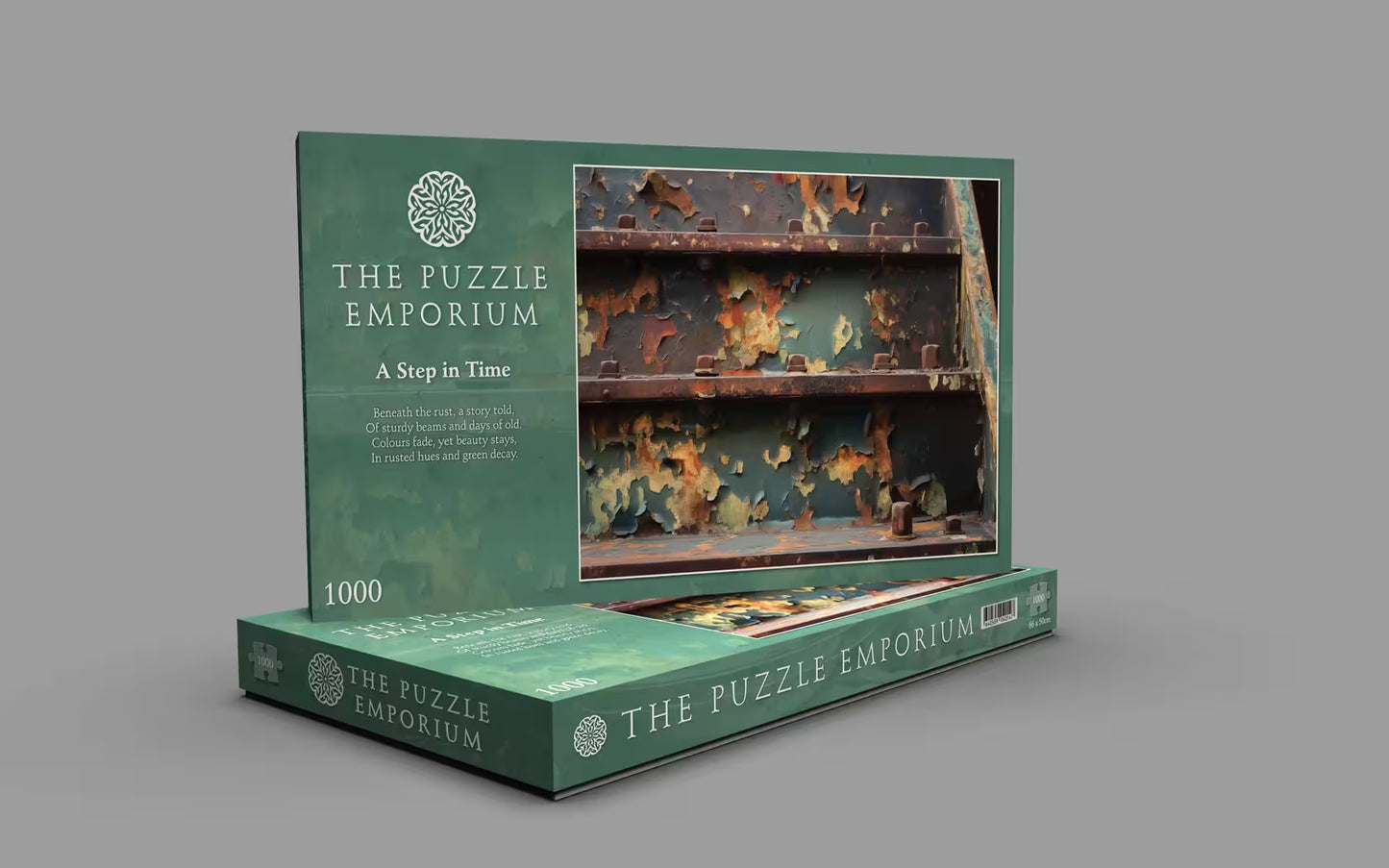 Green packaging of 'The Puzzle Emporium' puzzle on a gray background