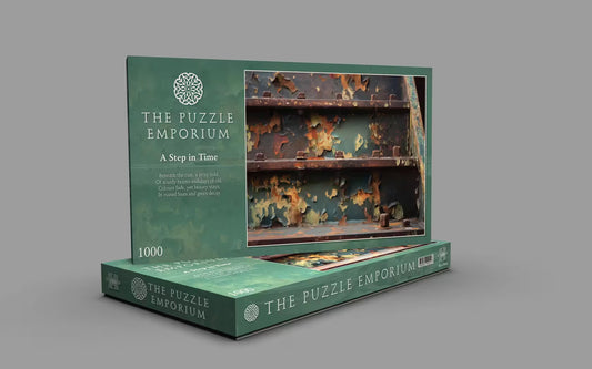 Green packaging of 'The Puzzle Emporium' puzzle on a gray background