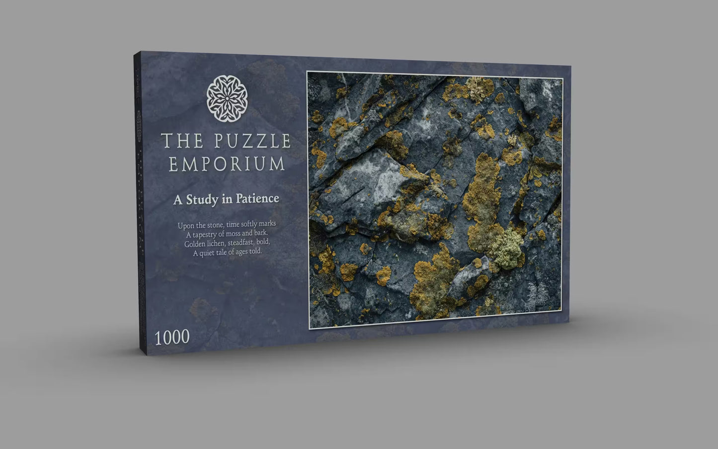 Product packaging for 'The Puzzle Emporium' with a textured design on a gray background