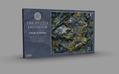 Product packaging for 'The Puzzle Emporium' with a textured design on a gray background