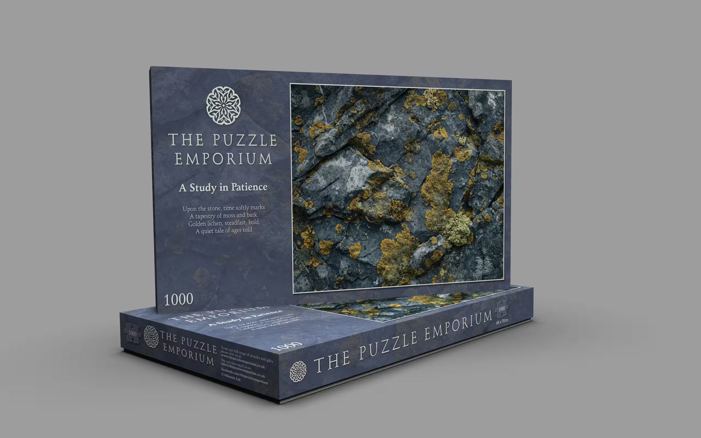 Stack of three 1000-piece jigsaw puzzle boxes for the title 'A Study in Patience', showing the artwork and product details.