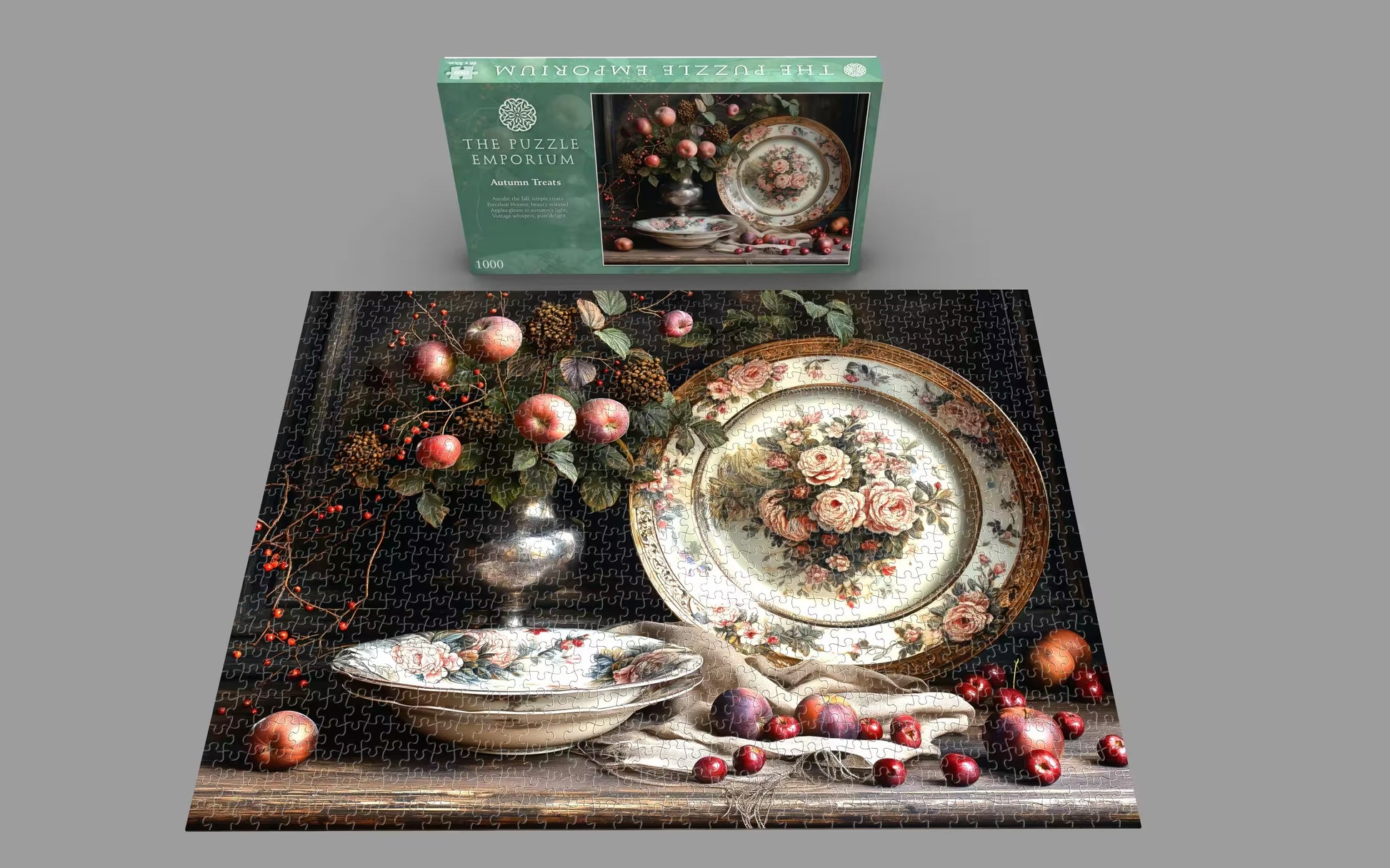 Jigsaw puzzle with a completed scene of a still life painting, including a vase, fruit, and decorative plate, with the packaging in the background.