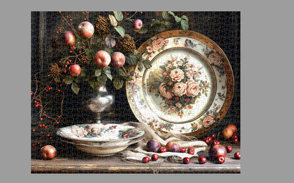 Still life painting with apples, a bowl, and a decorative plate on a wooden surface.