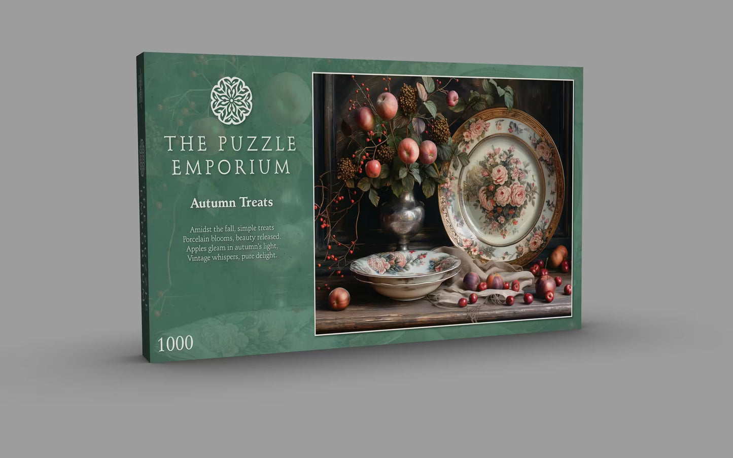 Puzzle box from The Puzzle Emporium with a decorative design on a gray background