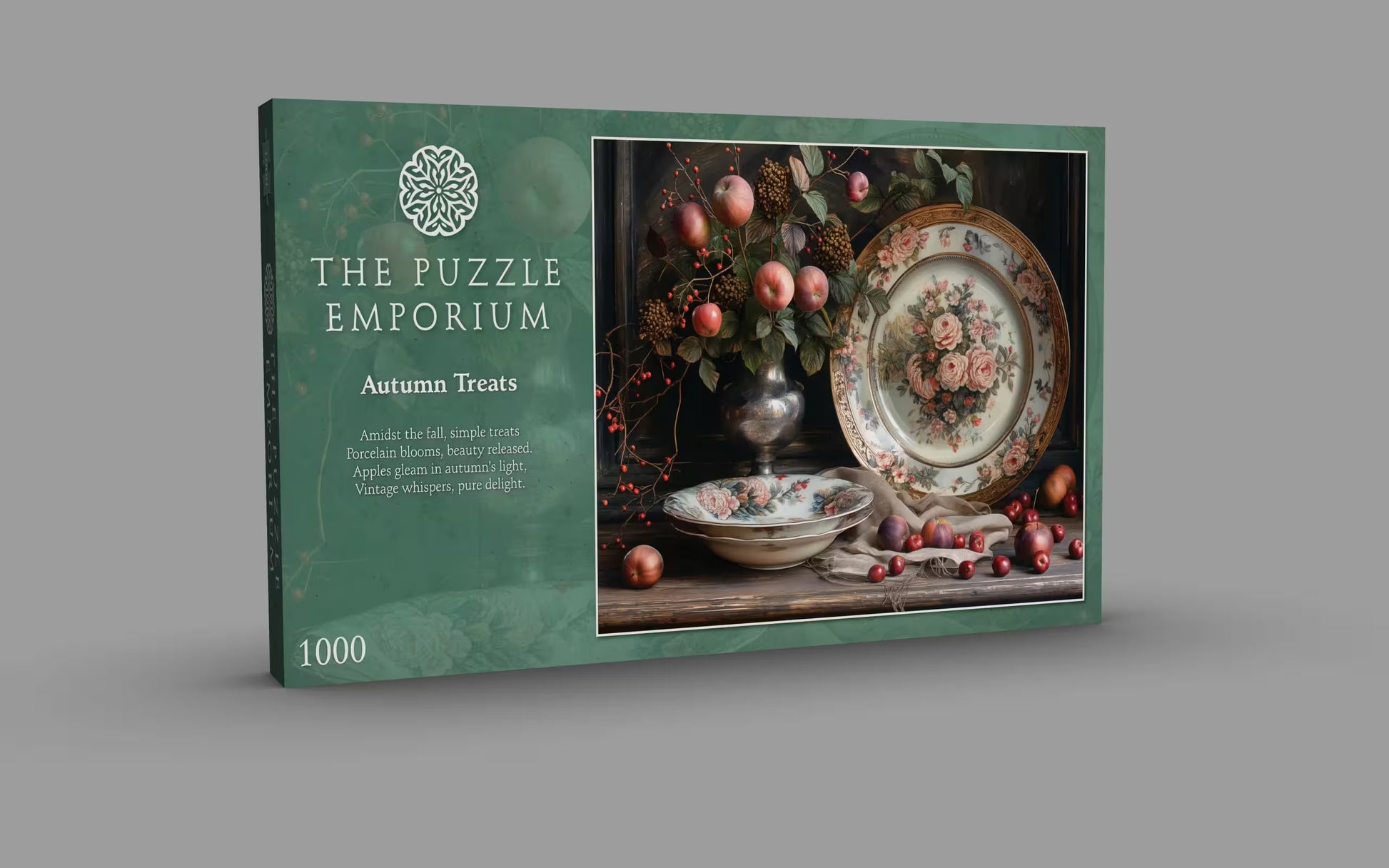 Puzzle box from The Puzzle Emporium with a decorative design on a gray background