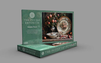 Jigsaw puzzle box from The Puzzle Emporium on a gray background