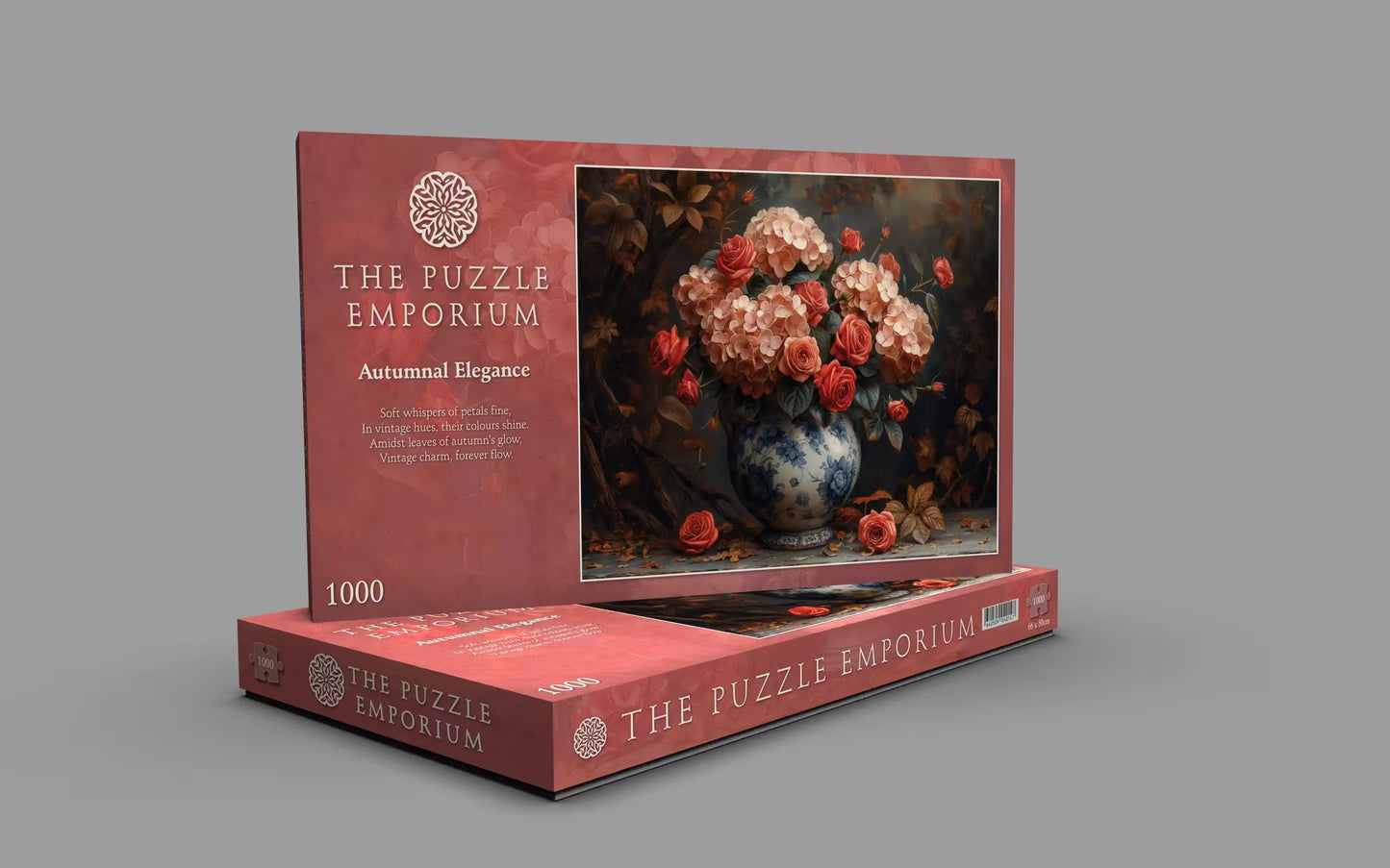 Puzzle box from The Puzzle Emporium with floral design on gray background