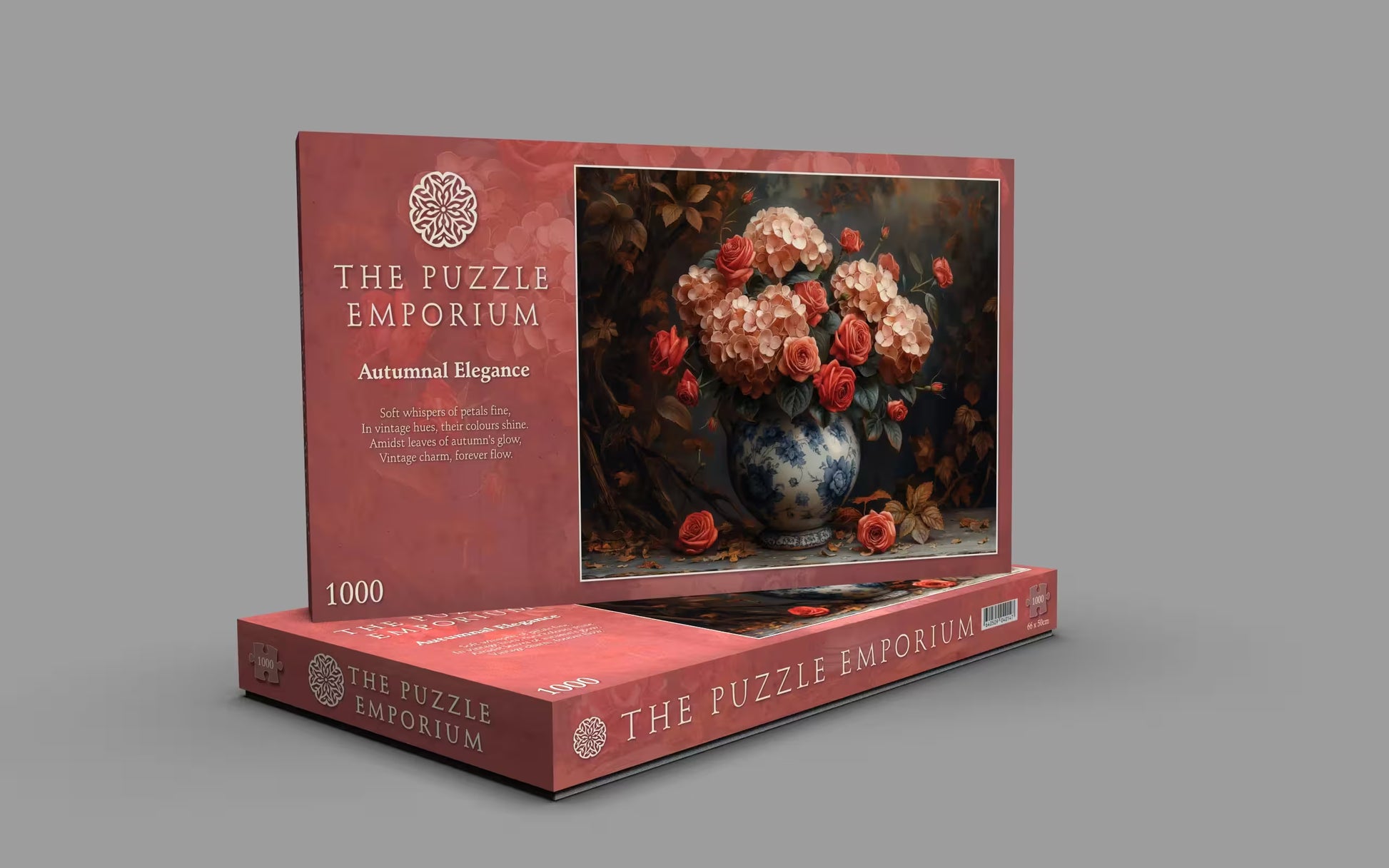 Puzzle box from The Puzzle Emporium with floral design on gray background