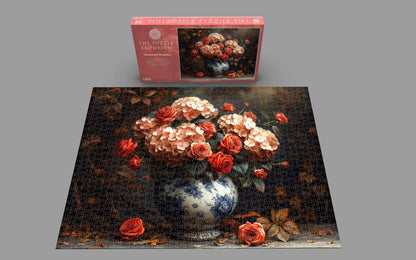 Jigsaw puzzle with floral design and packaging in the background