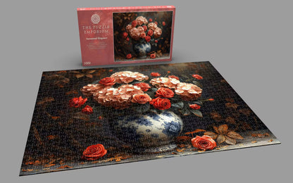 Jigsaw puzzle with floral design and packaging on a gray background