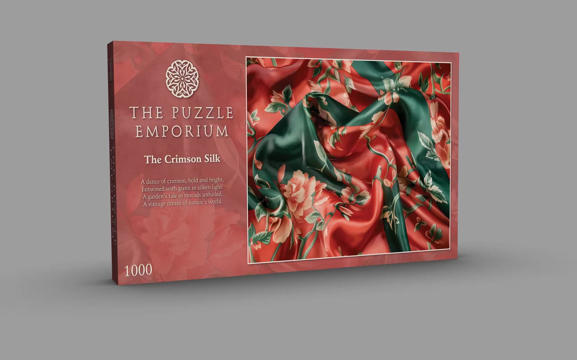 Puzzle box titled 'The Puzzle Emporium' with a floral design on a gray background