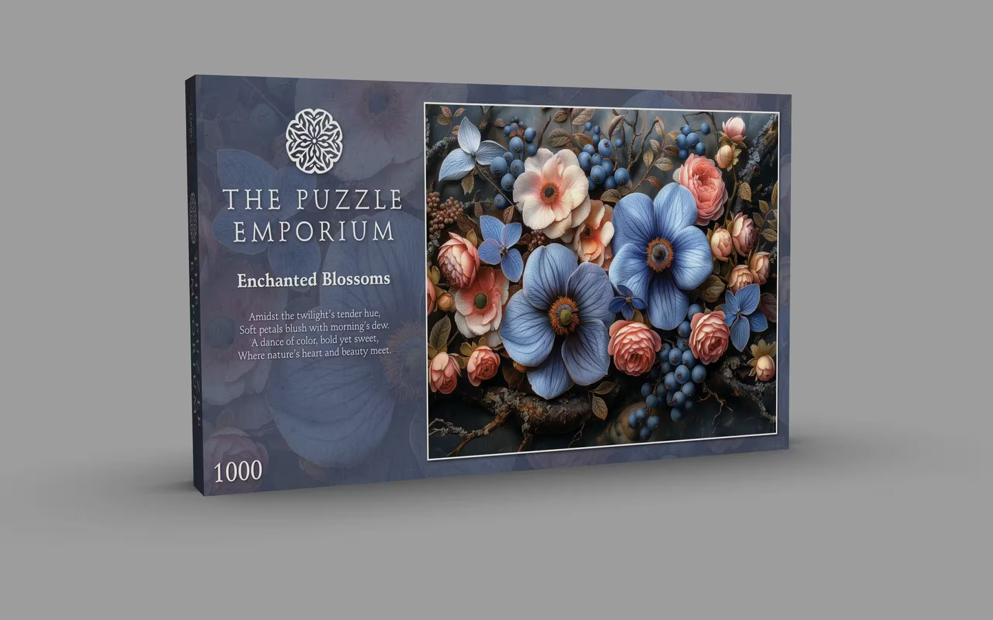 Floral puzzle packaging with 'The Puzzle Emporium' branding on a gray background