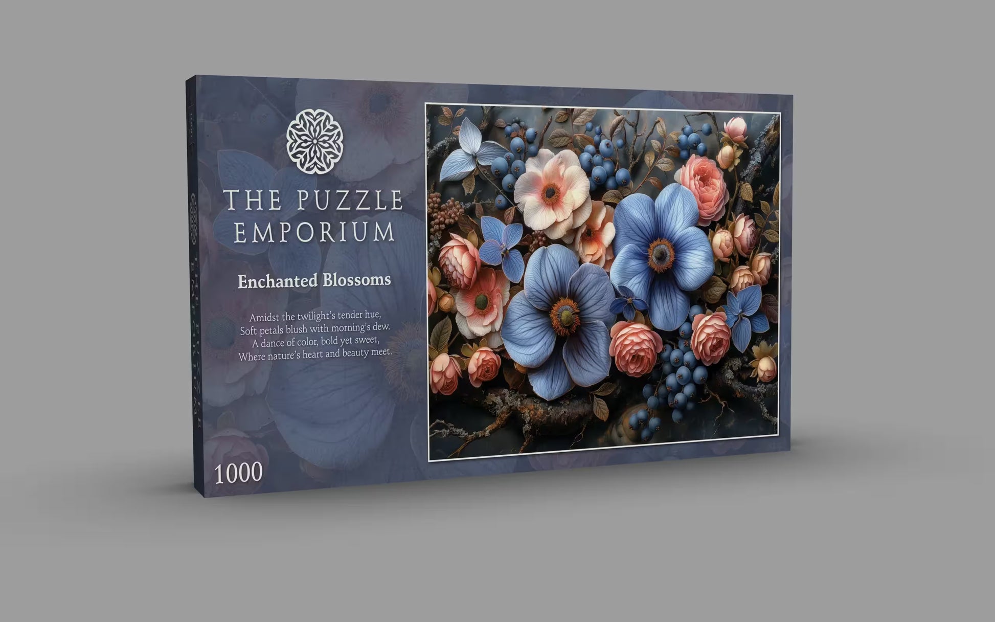 Floral puzzle packaging with 'The Puzzle Emporium' branding on a gray background