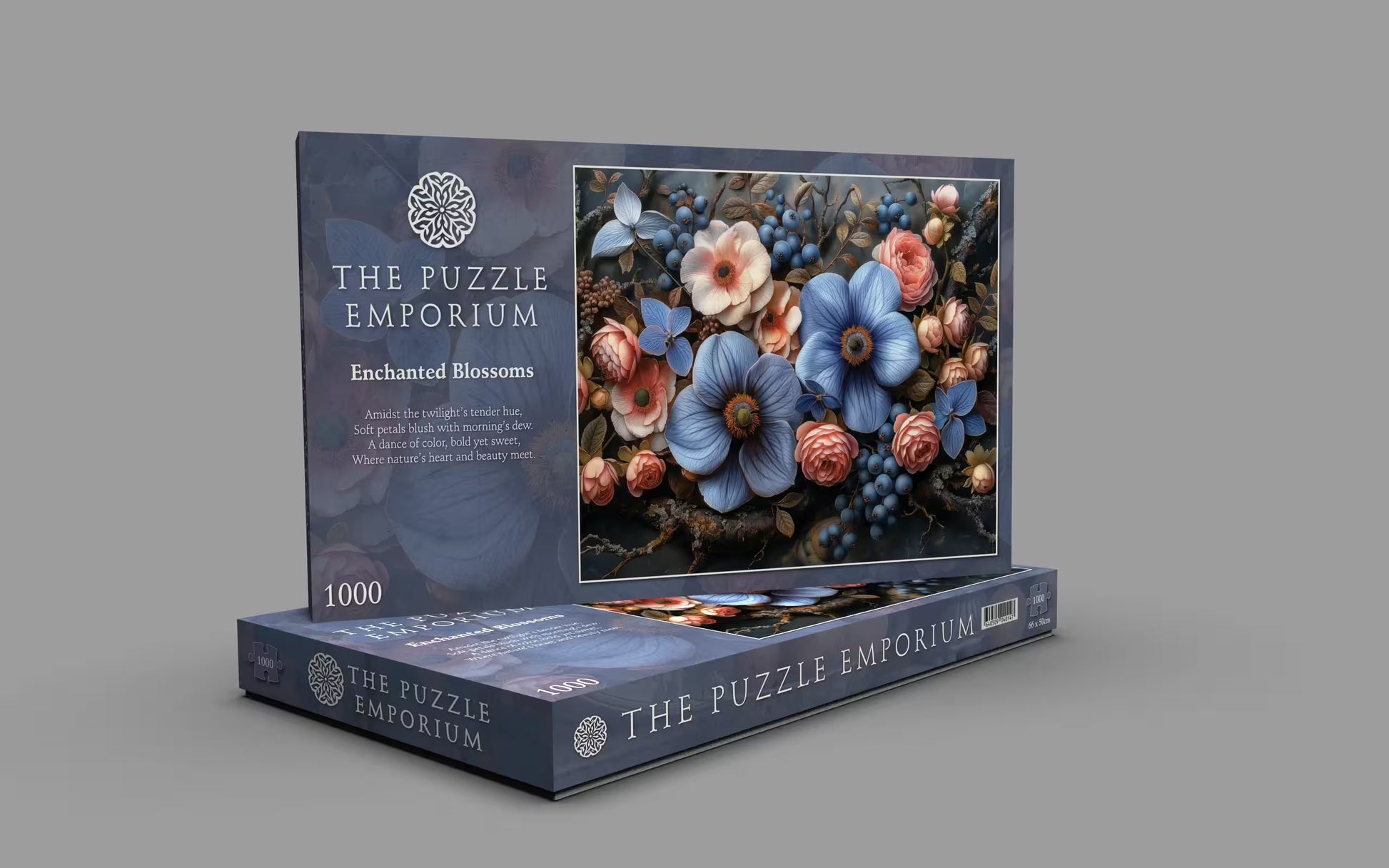 Jigsaw puzzle box titled 'Enchanted Blossoms' by The Puzzle Emporium on a gray background