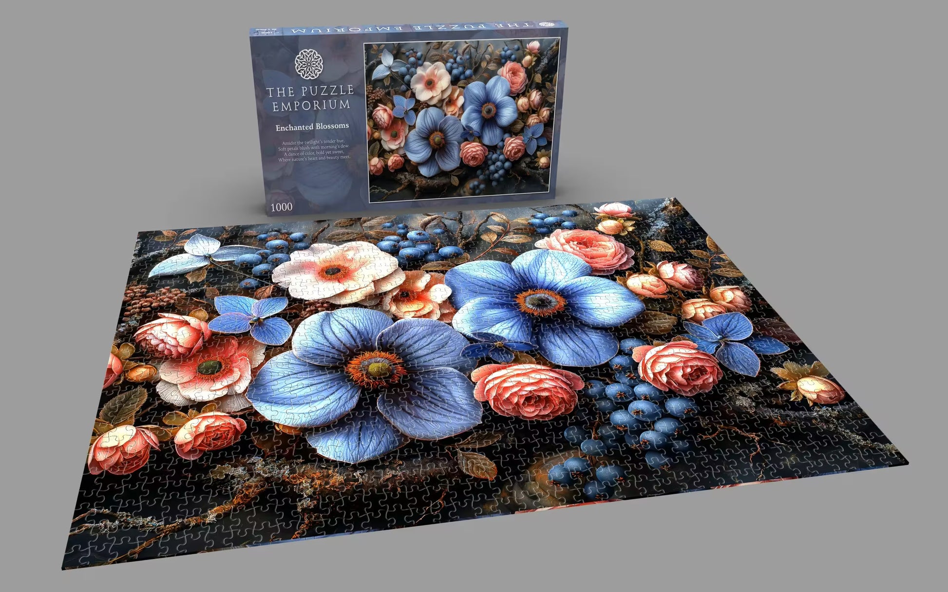 Floral puzzle with completed design and packaging on a gray background