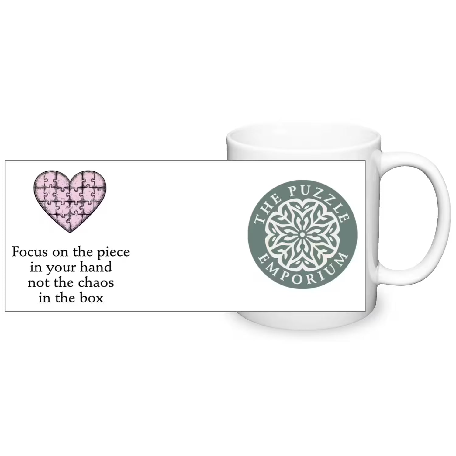 White mug with a heart design and text on a white background