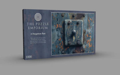 Book titled 'The Puzzle Emporium: A Forgotten Past' with a rustic door design on the cover.