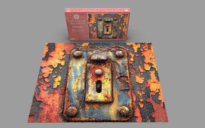 Rust-themed puzzle box with a lock design on a gray background