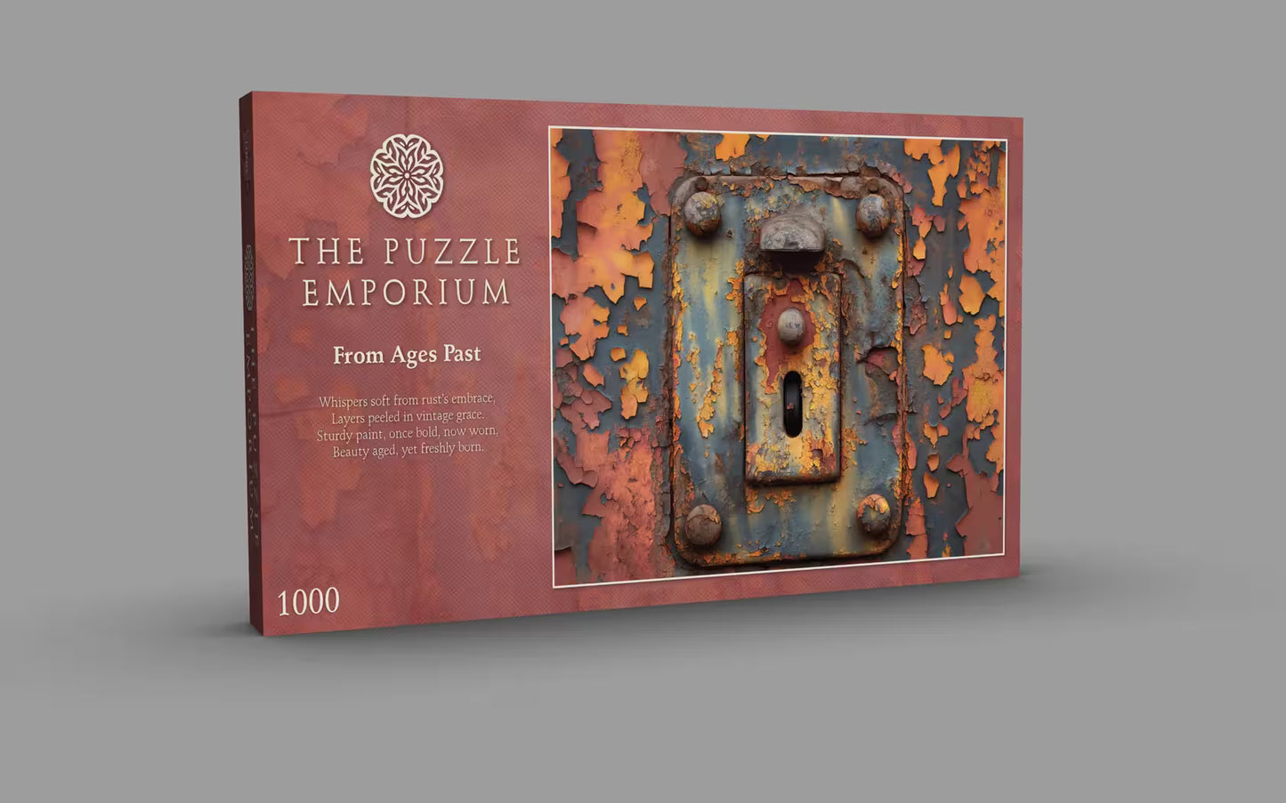 The Puzzle Emporium box with a rusty lock design on a gray background