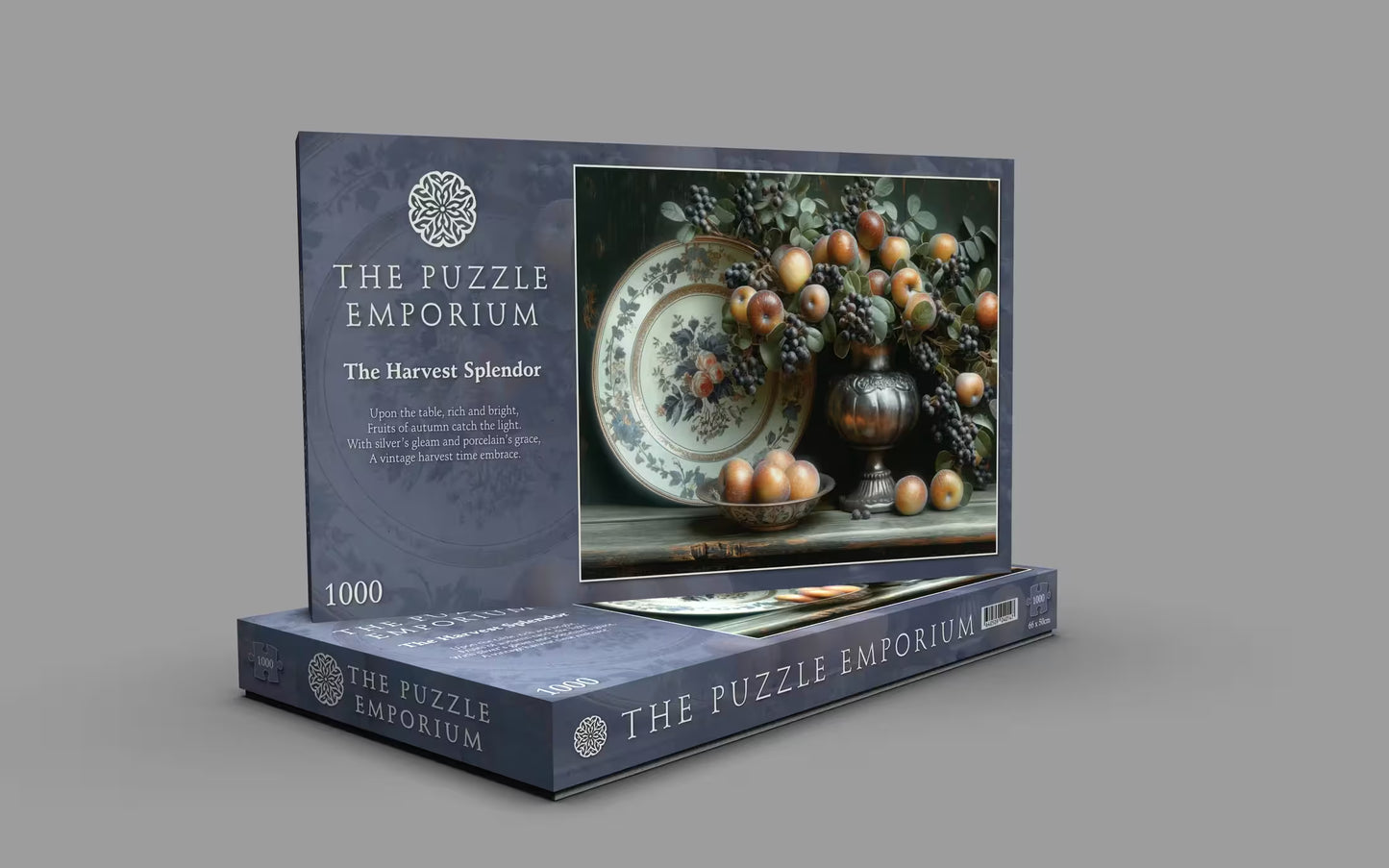 The Puzzle Emporium packaging with a still life painting on a gray background