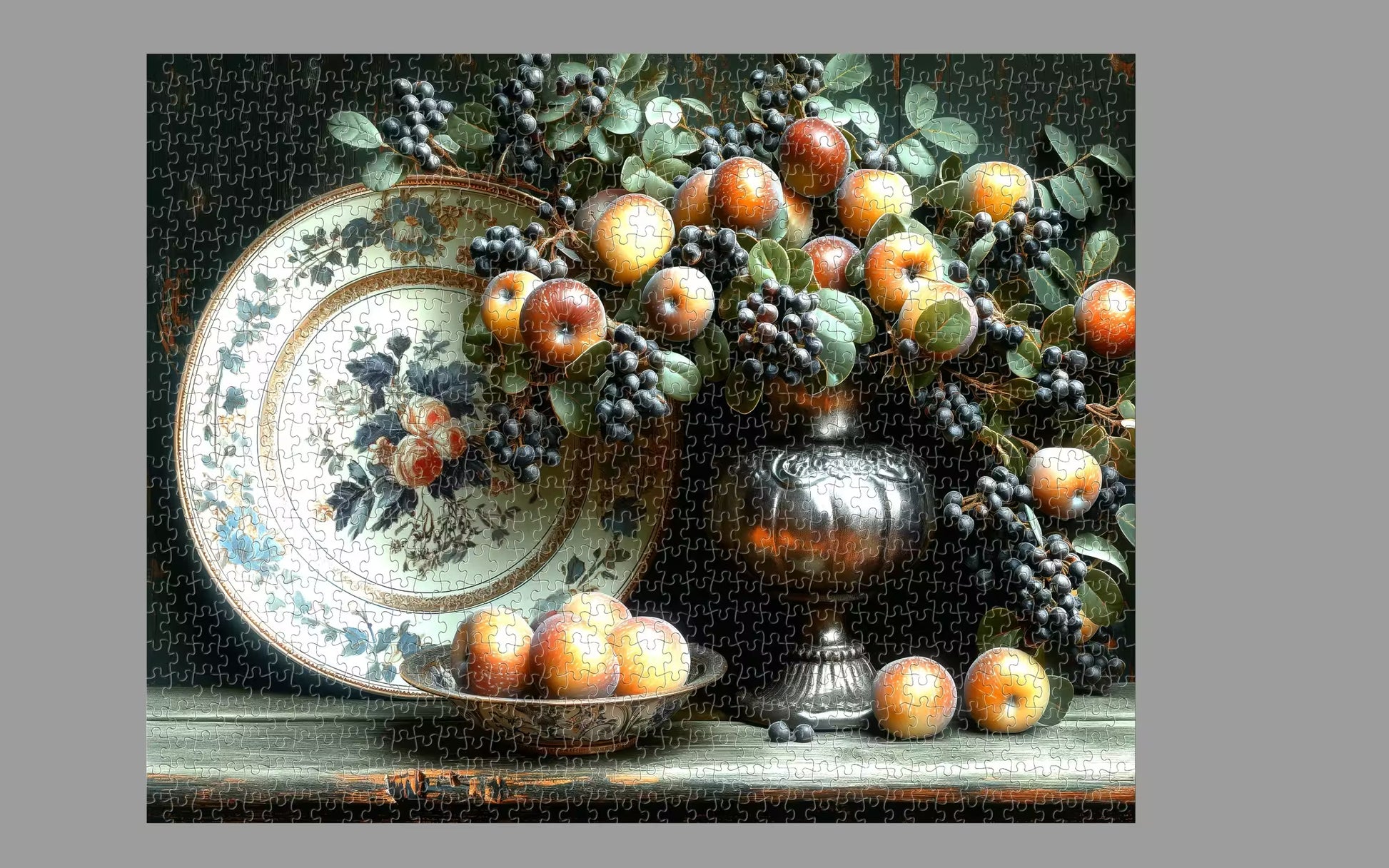 Still life with fruits, a decorative plate, and a vase on a table.