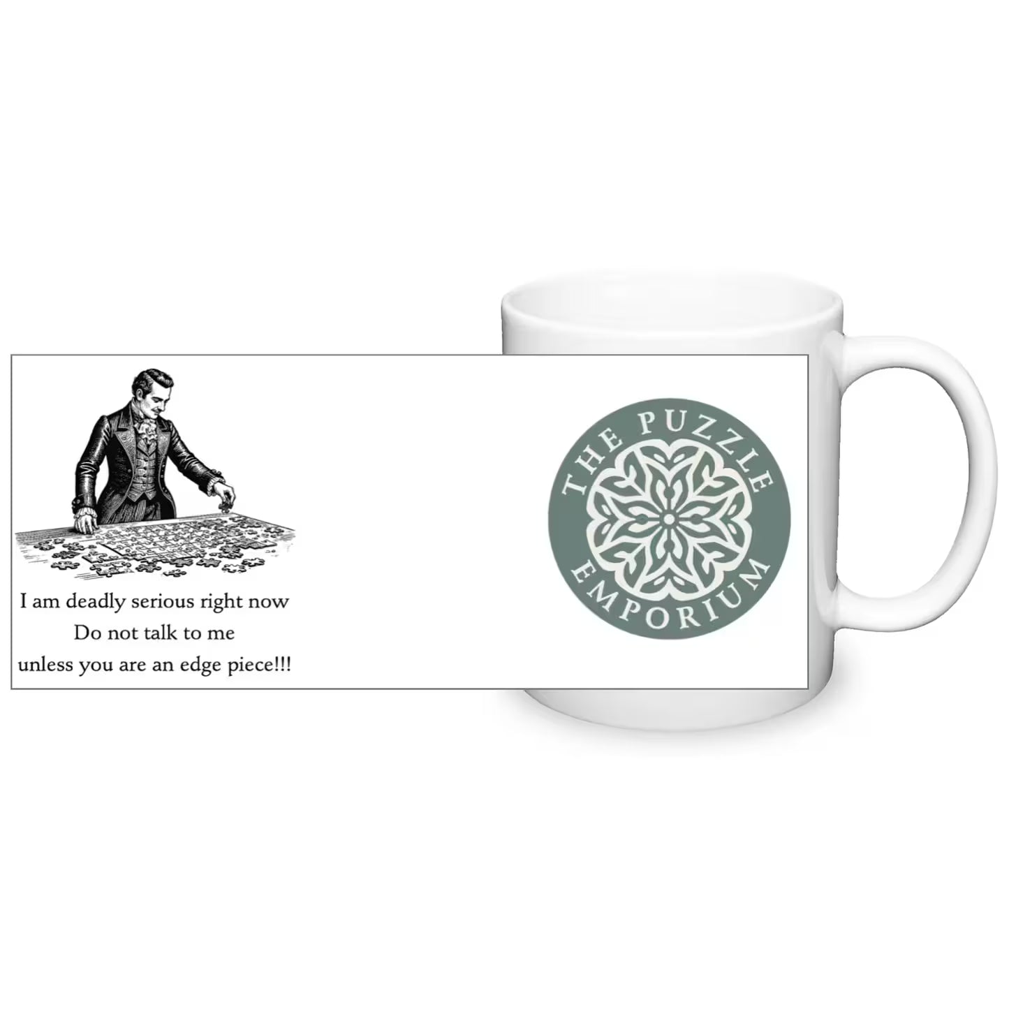 Mug with a puzzle-themed design and text, featuring the Puzzle Emporium logo.
