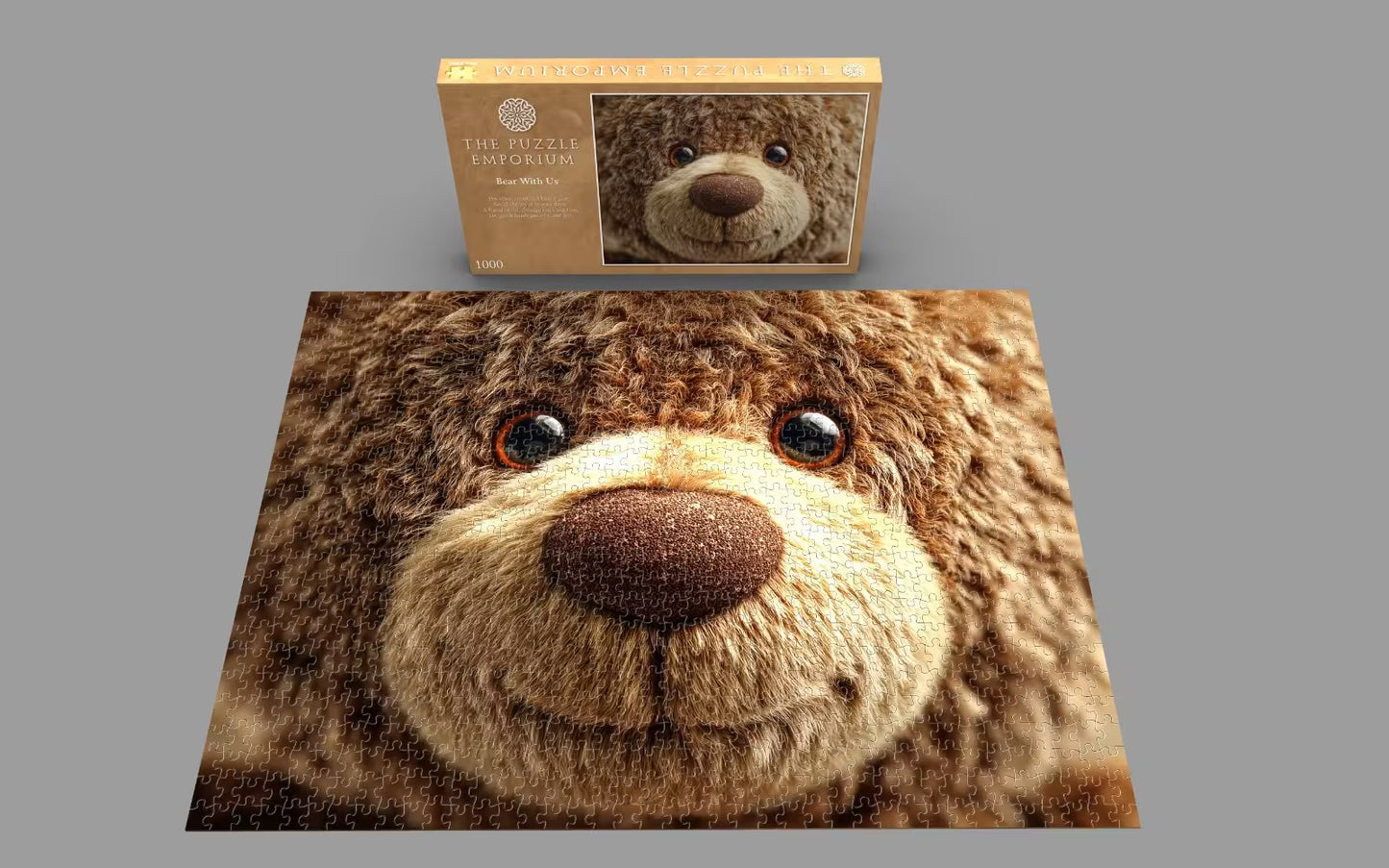 A scenic shot showing a section of the puzzle being assembled by a customer, illustrating the immersive pastime provided by The Majestic Bear 1000-Piece Jigsaw.