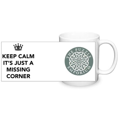 "keep calm its just a missing corner" text and logo on mug