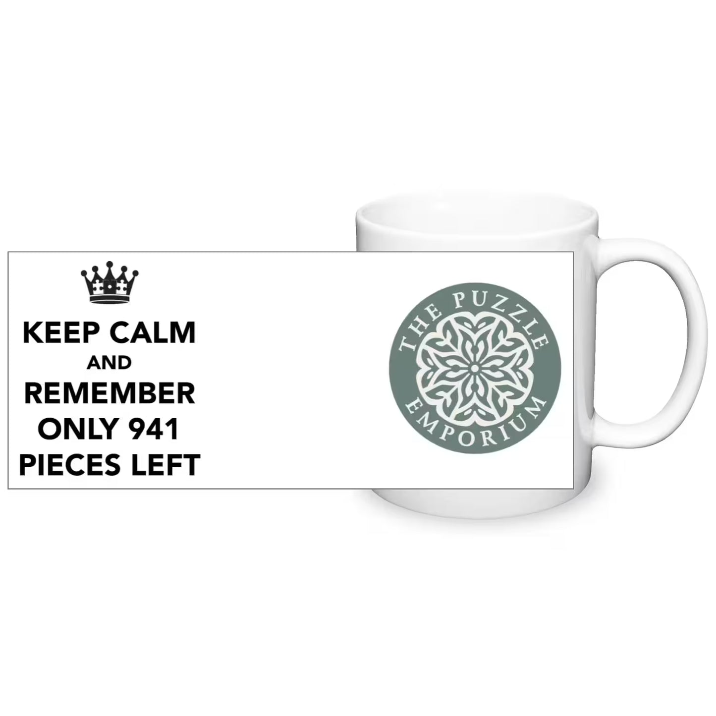 "keep calm and remember only 941 pieces left" text and logo on white ceramic mug