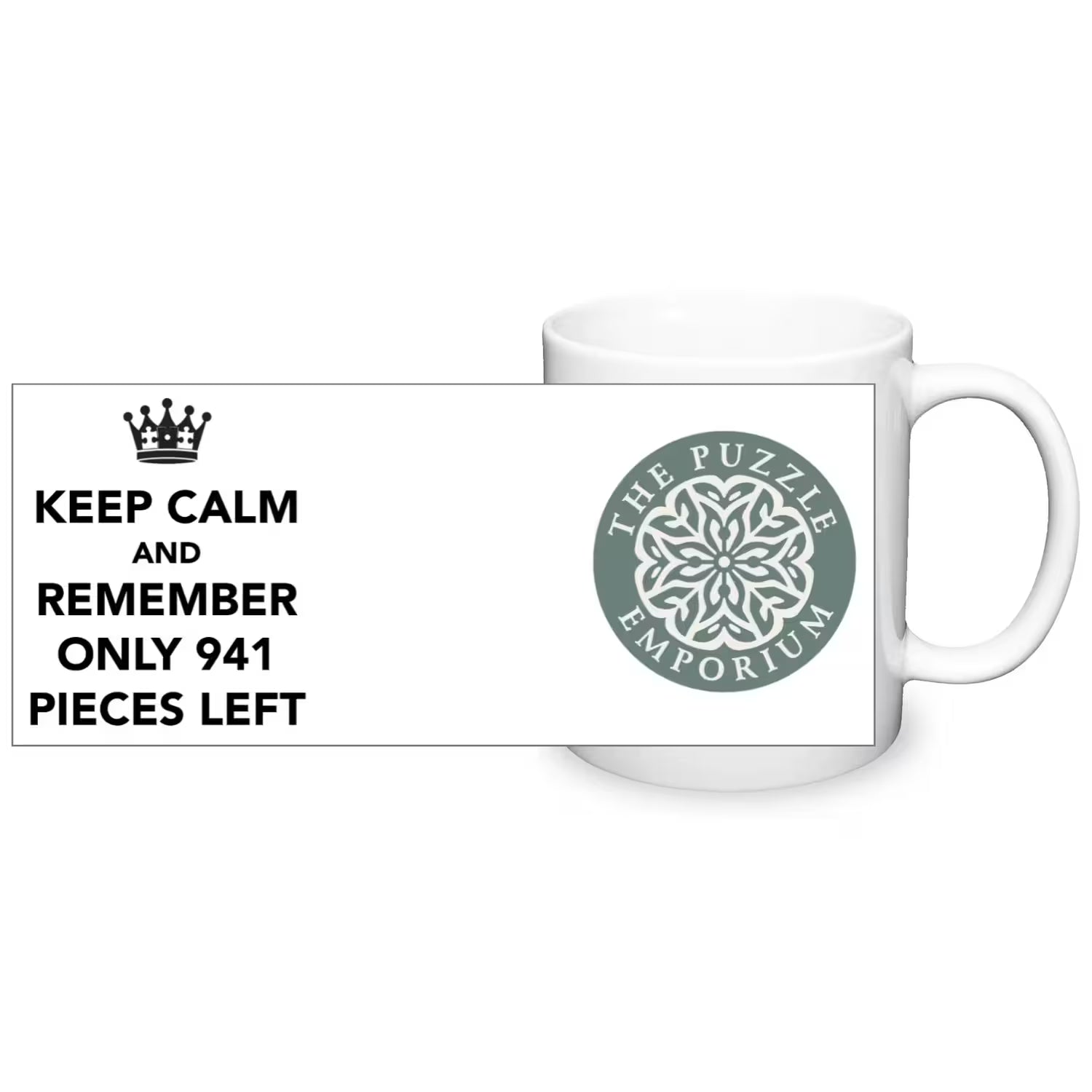 "keep calm and remember only 941 pieces left" text and logo on white ceramic mug