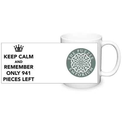 "keep calm and remember only 941 pieces left" text and logo on white ceramic mug