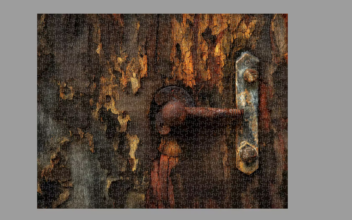 Rust-covered metal latch on a textured surface