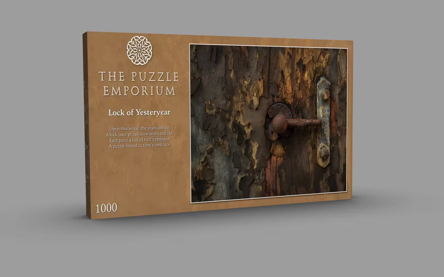 Product packaging for 'The Puzzle Emporium' with a rustic lock design on a gray background