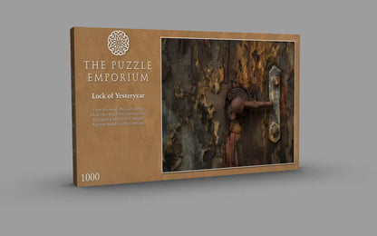 Product packaging for 'The Puzzle Emporium' with a rustic lock design on a gray background