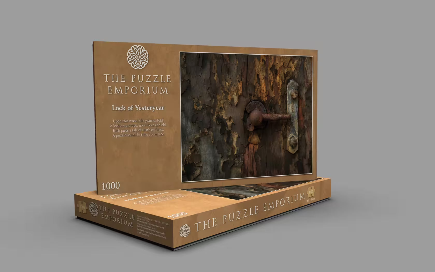 The Puzzle Emporium packaging with a lock design on a gray background