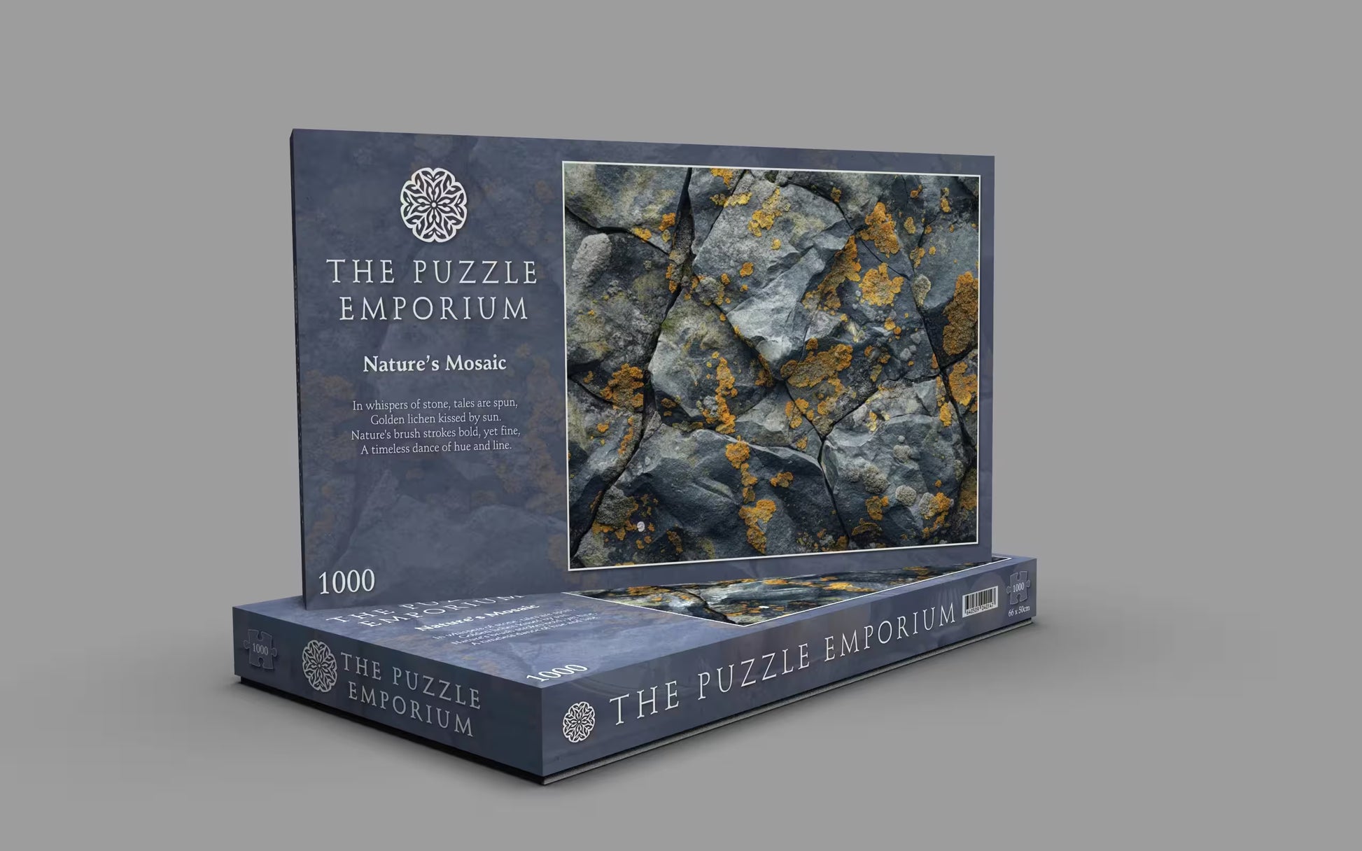 Puzzle box from The Puzzle Emporium with a nature-themed design on a gray background