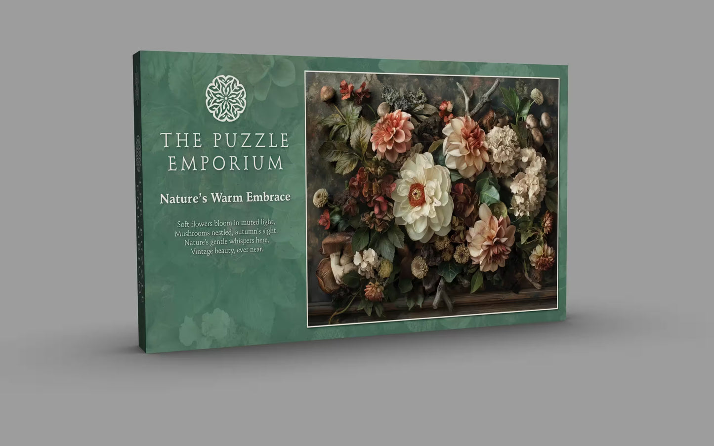 Green box from The Puzzle Emporium with floral design on a gray background