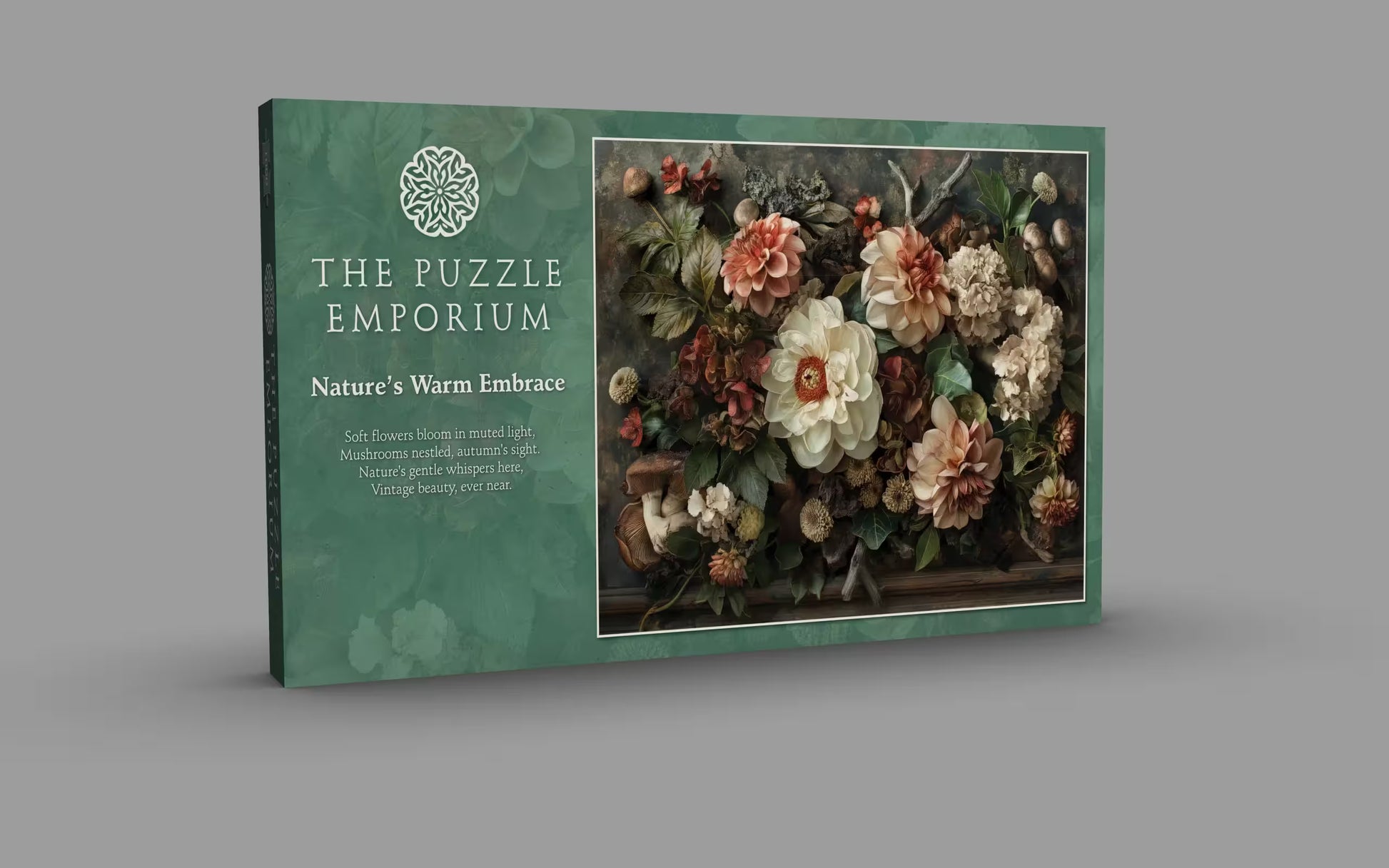 Green box from The Puzzle Emporium with floral design on a gray background