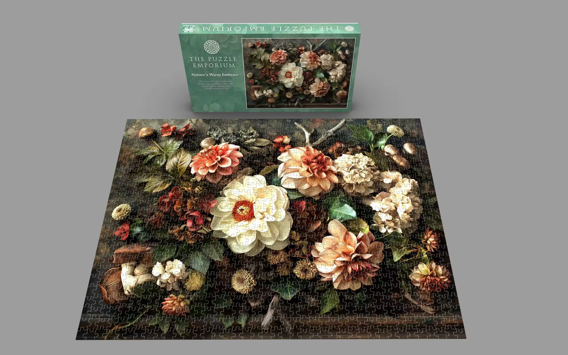 Floral puzzle with a completed section and packaging on a gray background