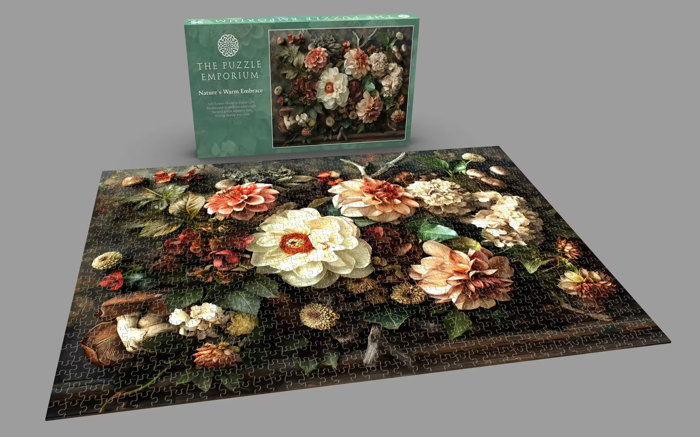 Floral puzzle with completed puzzle and packaging on a gray background