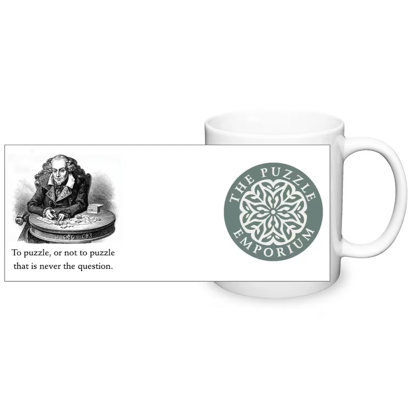 "to puzzle or not to puzzle that is never a question" quote text and logo on white ceramic mug